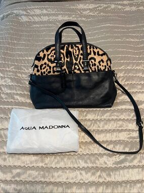 VTG Aqua Madonna Leopard Print Calf Hair & Leather Satchel Handbag